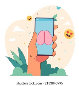 Happy emoticons and hand holding telephone with brain on screen. Person learning information via app or service flat vector illustration. Technology, AI, education concept for banner, website design
