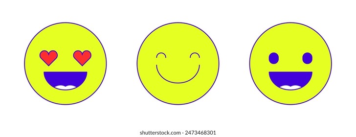 Happy emoticons for social media 2D linear cartoon objects set. Positive emojis stickers isolated line vector elements white background. Smiling expressions color flat spot illustrations collection