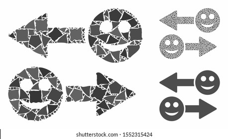 Happy emotion exchange arrows composition of rough pieces in variable sizes and color tints, based on happy emotion exchange arrows icon. Vector uneven pieces are united into collage.