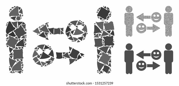 Happy emotion exchange people composition of irregular pieces in different sizes and color tones, based on happy emotion exchange people icon. Vector tuberous pieces are composed into composition.