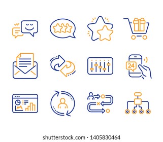 Happy Emotion, User Info And Journey Path Icons Simple Set. 24h Service, Seo Statistics And Dj Controller Signs. Star, Shopping Cart And Mail Correspondence Symbols. Line Happy Emotion Icon. Vector