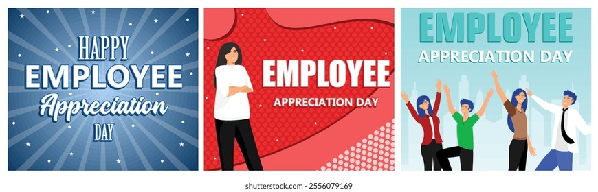 Happy Employee Appreciation Day Celebration. Enthusiastic Woman. Group of happy people standing together. Set flat vector modern illustration 