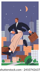 Happy employee, business man flying over night city. Excited office worker, businessman running, jumping over skyscrapers in big metropolis. Fast busy lifestyle concept. Flat vector illustration