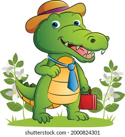 The happy employee of the crocodile is holding a suit bag and using the hat of illustration