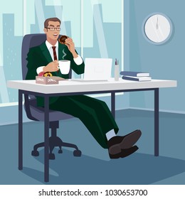 Happy employee has breakfast donuts with coffee in workplace. Businessman snacks in his office. Office life concept. Simplistic realistic cartoon style. Vector illustration