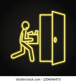 Happy Employee Leaving Office Neon Icon. Man Holding Box With Things Quits Job. Vector Illustration.