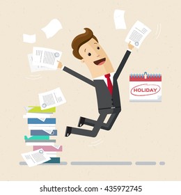 Happy employee or manager is jumping for joy due start of vacation. Vector, flat, illustration