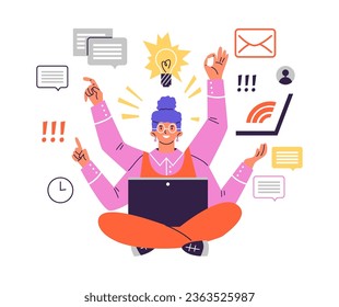 Feliz empleado con muchas manos, concepto multitarea - ilustración vectorial plana aislada en fondo blanco. Mujer trabajando en laptop y respondiendo correos electrónicos. Trabajador productivo. Concepto holístico.