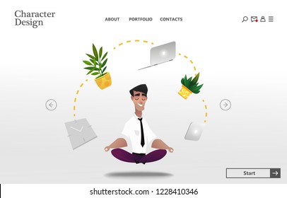 Happy employee parcticates meditation and relieves stress. Boss character doing yoga in lotus position. Main Abstract Web Page with Cartoon Business Character. Floating objects computer, indoor plants