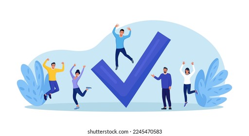 Happy employee people celebrating completed task near big check mark. Goals accomplished. Achieving personal, business goals. Plan fulfilled, mission finished. Successful execution of business tasks