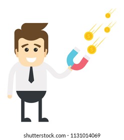 
Happy employee standing with horseshoe magnet in hand and attracting surplus, money and magnetizing profit
