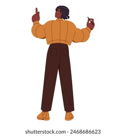Happy employee stands and writing on whiteboard back view. Black person drawing, takes notes with pen on wall. Modern character pointing with index finger. Flat isolated vector illustration on white