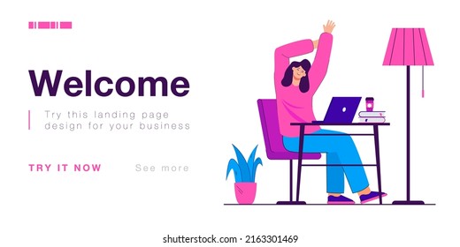 Happy employee taking break from work and stretching at desk. Calm office person relaxing or resting in workplace flat vector illustration. Coffee break, relaxation, job concept for banner