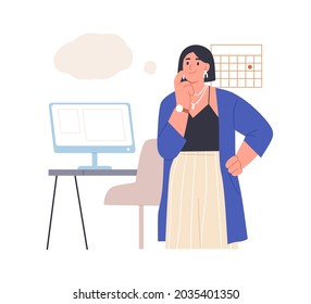 Happy employee thinking, creating ideas, coming up with insights and solutions at work. Thoughtful creative business woman with thought bubble. Flat vector illustration isolated on white background