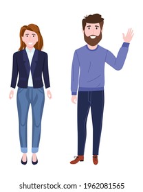 Happy employee woman and man  characters standing wearing employee outfits isolated and posing