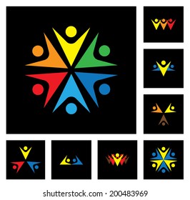 happy employees & executives unity & diversity vector icon set. This graphic represents students community, workers union, children playing, excited people, friendship, meetings on black background