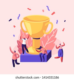 Happy Employees Laughing with Hands Up around of Huge Gold Cup with Confetti Flying around People Rejoice for New Project, Success, Win. Joyful Colleagues Celebrating. Cartoon Flat Vector Illustration