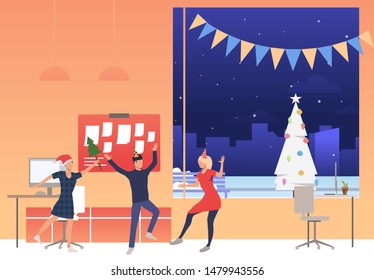 Happy employees at New Year's corporate party. Men and women having fun and dancing. Office Christmas concept. Vector illustration can be used for presentation slide, postcard, new project