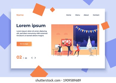 Happy employees at New Year's corporate party. Men and women having fun and dancing. Office Christmas concept. Vector illustration can be used for presentation slide, postcard, new project