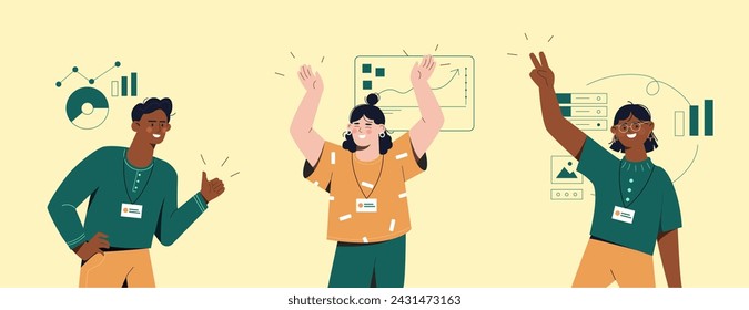 Zufriedene Mitarbeiter arbeiten im gemeinsamen Projekt. Mann und Frau mit Grafiken und Diagrammen. Kollegen und Partner. Zusammenarbeit und Zusammenarbeit. Cartoon flache Vektor-Illustration isoliert auf beigem Hintergrund