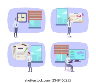 Happy employees working in office vector illustrations set. Business people checking time with clock, analyzing data, signing documents, using laptop and computer screen. Business workday concept