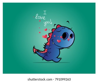 happy, enamored dragon running, flying hearts, vector, Print for Valentines