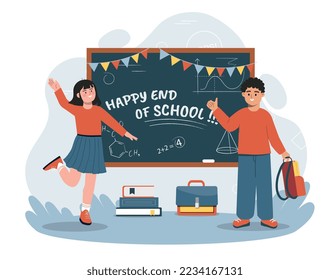 Happy end of school. Young boy and girl with briefcases on background of blackboard in classroom. Education, learning and training, schoolchildren after lessons. Cartoon flat vector illustration