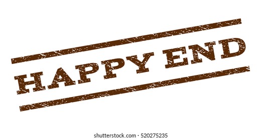 Happy End watermark stamp. Text tag between parallel lines with grunge design style. Rubber seal stamp with unclean texture. Vector brown color ink imprint on a white background.