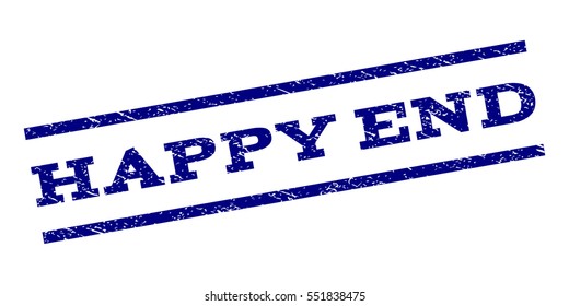 Happy End watermark stamp. Text tag between parallel lines with grunge design style. Rubber seal stamp with unclean texture. Vector navy blue color ink imprint on a white background.