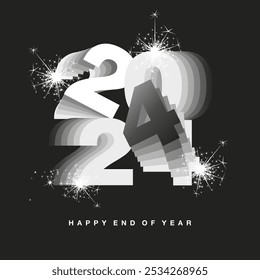 Happy end of year 2024 black typography with cheerful play gray step blending numbers of 2024 isolated on black background