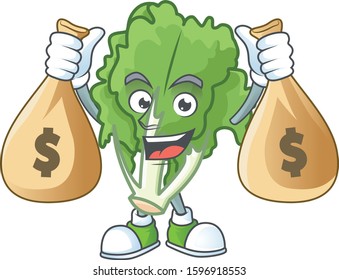 Happy endive cartoon character with two money bags