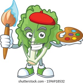 Happy endive painter cartoon icon with brush