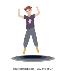 Happy energetic boy jumping on the trampoline. Vector isolated illustration