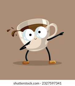 
Happy Energetic Coffee Cup Vector Character Dancing and Dabbing. Cheerful caffeine beverage feeling in a good mood spreading good vibes 
