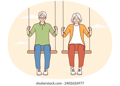 Happy energetic elderly couple siting on swings enjoy maturity together. Smiling active old man and woman have fun relaxing. Vector illustration.