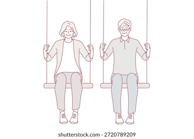 Feliz pareja de ancianos enérgicos sentados en columpios disfrutan de la madurez juntos. El hombre y la mujer activos sonrientes se divierten y relajan. Ilustración vectorial.