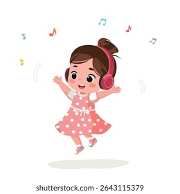 happy energetic girl listening to music in headphones  cartoon vector illustration