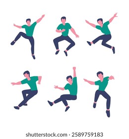 happy energetic man in green shirt with free set pose. positively flying, dancing and jumping happily