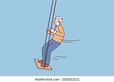 Happy energetic old man have fun on swing enjoy maturity. Smiling mature grandfather swinging outdoors show activity and energy on pension. Vector illustration. 