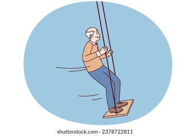 Happy energetic old man have fun on swing enjoy maturity. Smiling mature grandfather swinging outdoors show activity and energy on pension. Vector illustration.