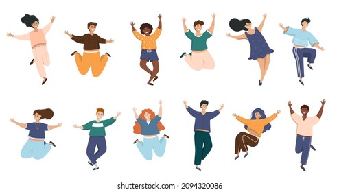 Happy energetic people in free poses set. Young positive men and women flying, dancing and jumping with fun and joy.