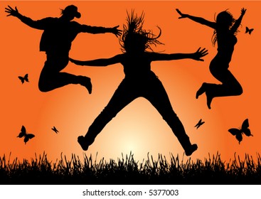 happy energetic woman silhouettes jumping into the air (vector)