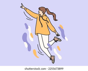 Happy energetic young woman flying engaged in creative thinking and visualization. Smiling girl feel inspired and creative in love. Inspiration and imagination concept. Vector illustration. 