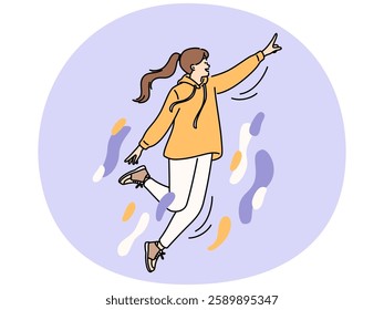 Happy energetic young woman flying engaged in creative thinking and visualization. Smiling girl feel inspired and creative in love. Inspiration and imagination concept. Vector illustration.