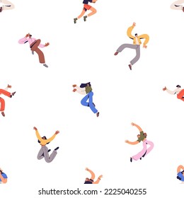 Happy energy people pattern. Seamless background, active youth, excited characters. Repeating print, free lively men and women in action, motion poses, floating. Colored flat vector illustration