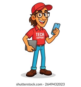 Happy Engineer Man Cartoon Illustration, Vector Cartoon of Support Man Holding Smartphone and Laptop