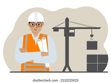 Happy engineer near the construction crane. Builder holding blueprints near construction machinery. Vector flat illustration