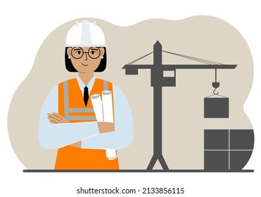 Herzlichen Glückwunsch, Ingenieur in der Nähe des Baukrans. Baumeister, der Baupläne in der Nähe von Baumaschinen hält. Vektorgrafik