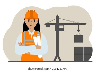 Happy engineer near the construction crane. Builder holding blueprints near construction machinery. Vector flat illustration