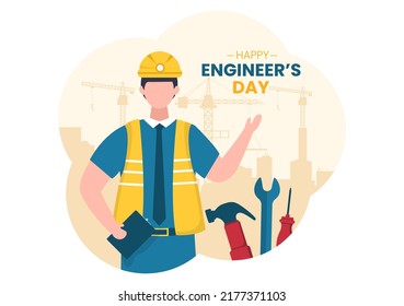 Happy Engineers Day Illustration Commemorative for Engineer with Worker, Helmet and Tools of in Flat Style Cartoon